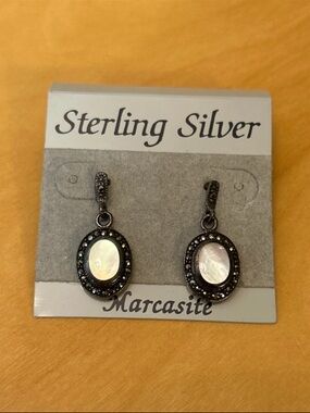 Macy's Sterling Silver Marcasite Oval Mother-of-Pearl Drop Earrings